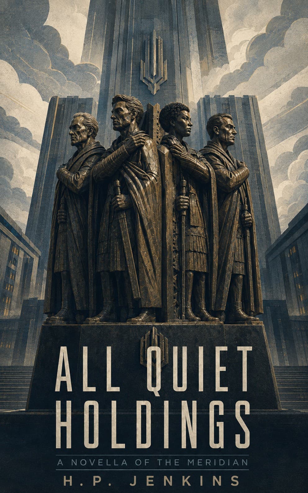 Book cover for All Quiet Holdings by H.P. Jenkins. Four monumental bronze corporate figures stand back-to-back before a towering dark headquarters amid pale smoke and clouds.